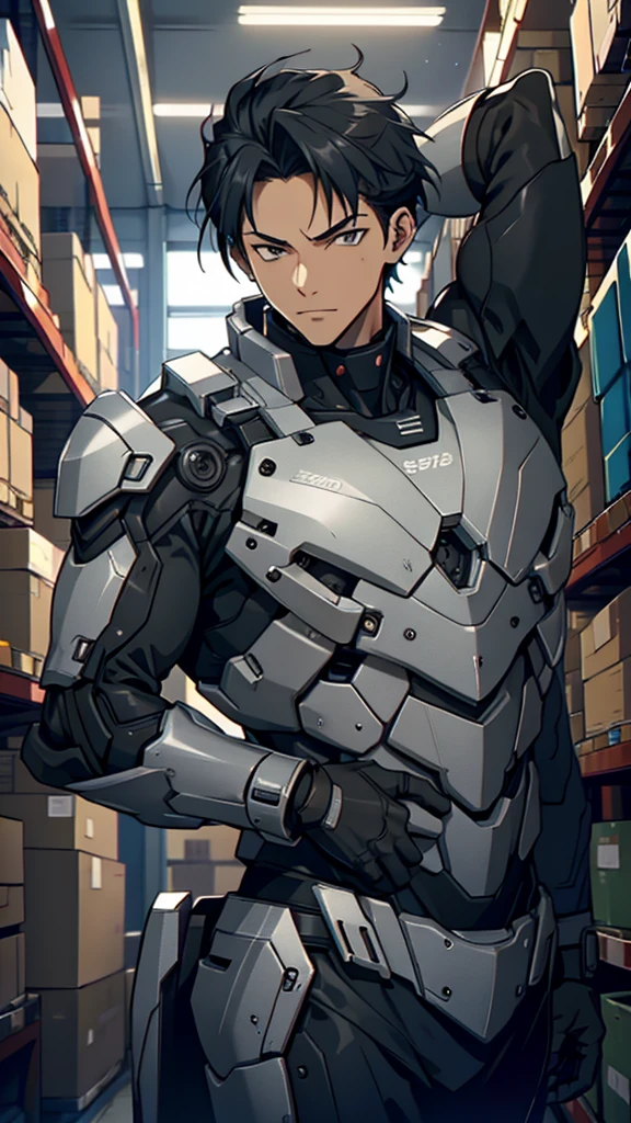 silence，Looking at the items in the warehouse，Warehouse full of supplies，It's dark all around，End of the World，an adult male，youth，Black short hair，look around，Wearing a sophisticated dark gray mecha armor suit，The armor suit has huge and thick limbs，Only the male youth’s hair and face are exposed，Upper body close-up