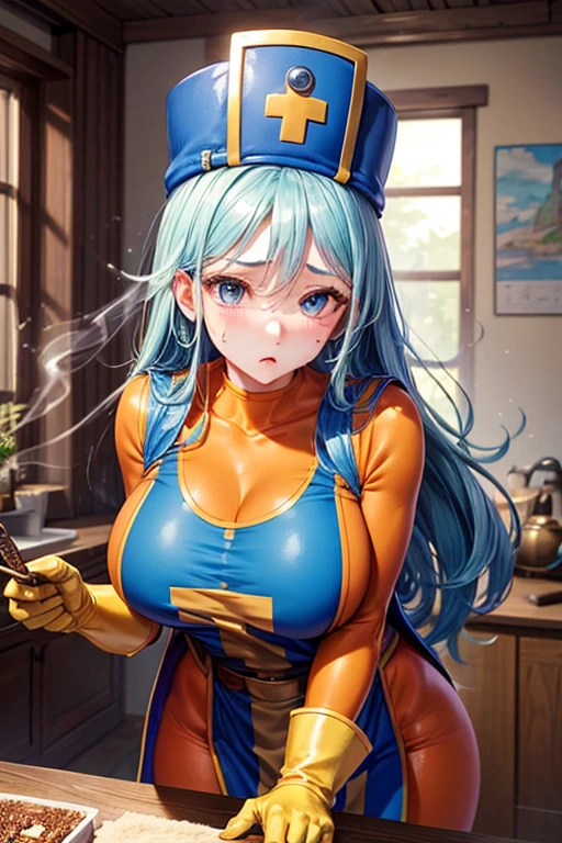 masterpiece, Highest quality,  Unreal Engine,  Super Resolution,  Very detailed, 

Beautiful woman, Dragon Quest Female Monk, long sky blue hair, Blue priest hat, (Orange bodysuit), Mitra, Tabard, Elbow-length gloves, Vivid expression, Healthy Body, Beautifully detailed sweat glands, Smooth skin texture, Carefully drawn, 

(humidity:1.5), (Lewd Scent:1.5), Beautiful Eyes, (Attractive face:1.2), (Beautiful Skin), Tight waist, (Big Breasts), Round Breasts, (Sticky with sweat), Irresistibly sexy pose, 

In the world of Dragon Quest, ((In a room filled with the smoke of aphrodisiac incense)), 