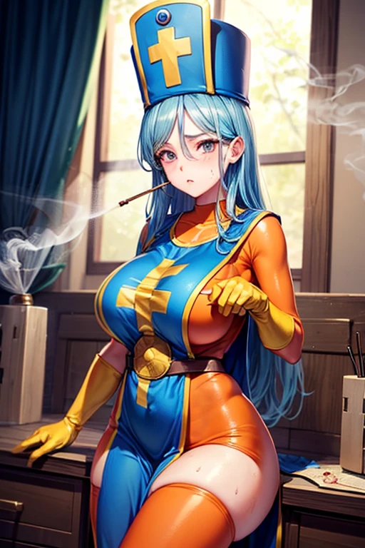 masterpiece, Highest quality,  Unreal Engine,  Super Resolution,  Very detailed, 

Beautiful woman, Dragon Quest Female Monk, long sky blue hair, Blue priest hat, (Orange bodysuit), Mitra, Tabard, Elbow-length gloves, Vivid expression, Healthy Body, Beautifully detailed sweat glands, Smooth skin texture, Carefully drawn, 

(humidity:1.5), (Lewd Scent:1.5), Beautiful Eyes, (Attractive face:1.2), (Beautiful Skin), Tight waist, (Big Breasts), Round Breasts, (Sticky with sweat), Irresistibly sexy pose, 

In the world of Dragon Quest, ((In a room filled with the smoke of aphrodisiac incense)), 