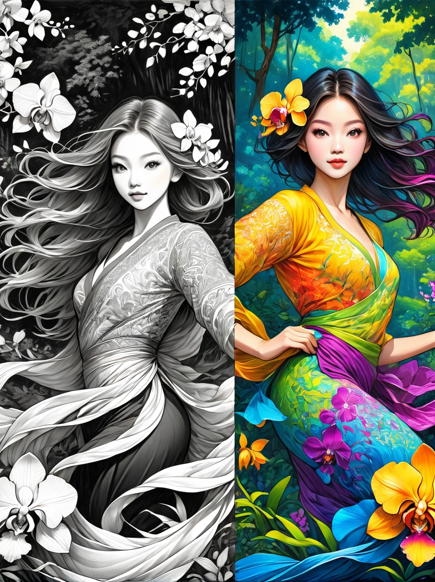 ((Inspired by Tomasz Jedruszek)), (1 Dancer:1.3), Floating clothes, Flowing hair,Dynamic poses,

forest，orchid，Artwork should be in pencil sketch style，Transition from black and white on the left half to bright colors on the right half，Ensure seamless integration between the two halves，No dividing line，The scene is the same on both sides，Black and white pencil detail on left side，Right fill color，The mixture formed in the whole image，Perfect details, Strong contrast between light and dark