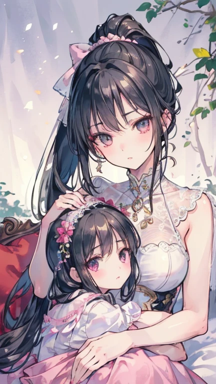 ((best quality)), ((masterpiece)), (detailed), perfect face, beautiful face, best quality, ultra high resnatural light, shiny skin, detailed skin, detailed face, detailed eyes, Two girls looking at each other, a girl with long black hair and a girl with a pink ponytail, cuddling