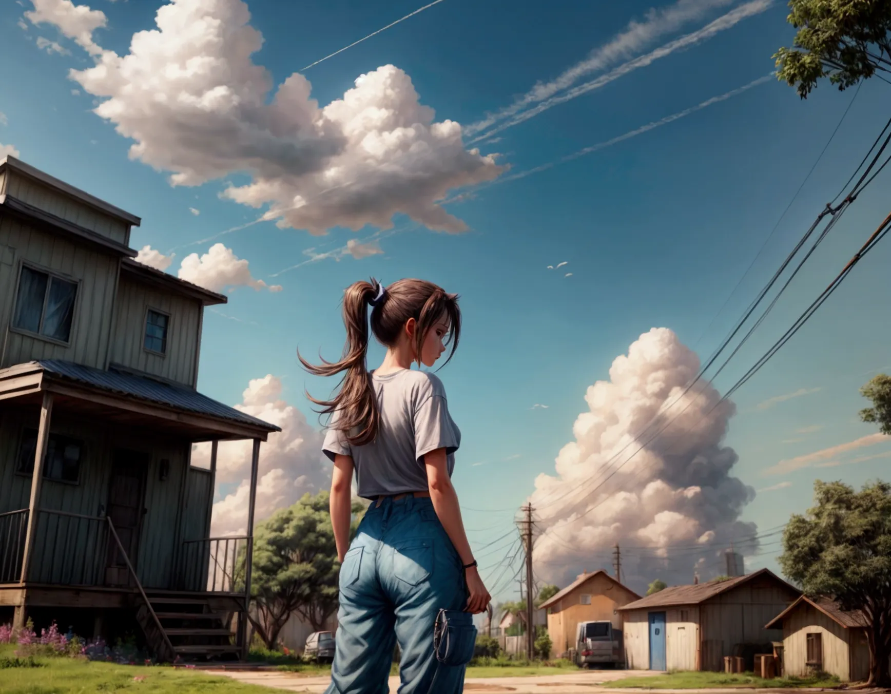 day,shirt,standing,utility pole,sky,scenery,power lines,plant,flower,solo,outdoors,ponytail,from behind,tree,house,blue sky,hose...