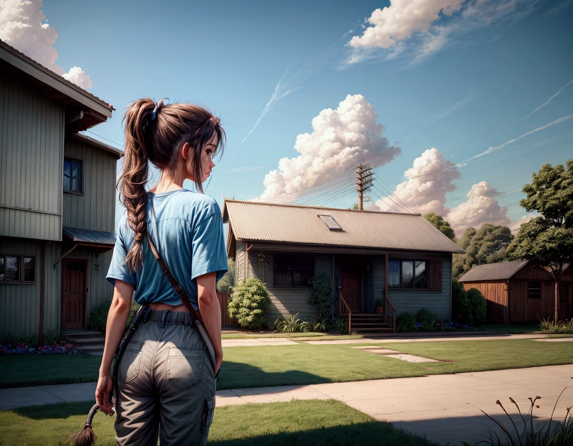 day,shirt,standing,utility pole,sky,scenery,power lines,plant,flower,solo,outdoors,ponytail,from behind,tree,house,blue sky,hose,1girl,building,pants rolled up,long hair,pants,cloud,grass,capri pants,brown hair,