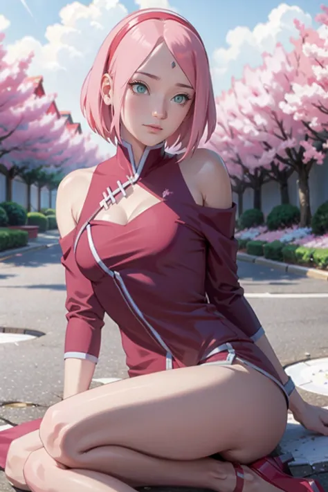 tmasterpiece， best quality at best， 1girl， sakura haruno， small breasts，off-the-shoulder attire，（cleavage)，（upperbody)，raised se...