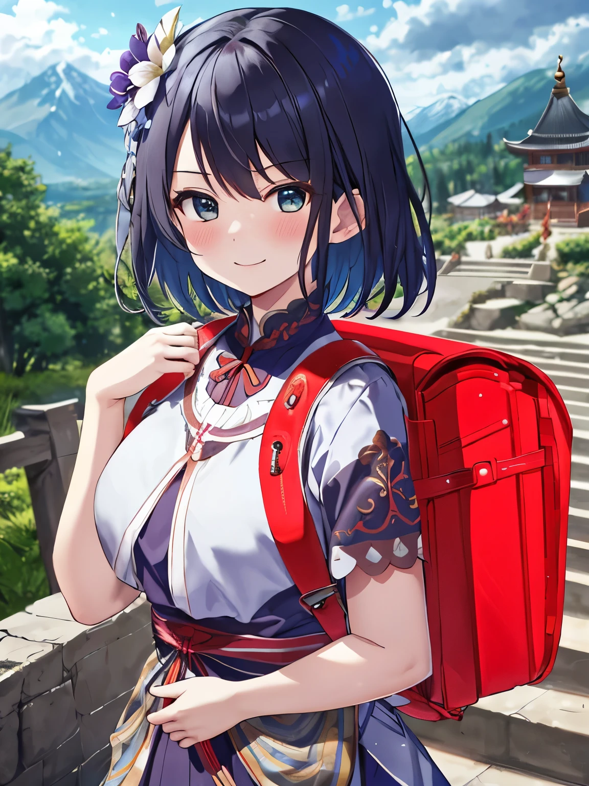 Masterpiece, 2d, hd, wearing traditional dress, hair ornaments, smile, blush, outdoors, day, mountain background, blue sky, short hair, sky, temple, looking at viewer, stairs, mountain, moody lighting, facing viewer, outdoor, standing, wearing red backpack, (backpack:1.2)