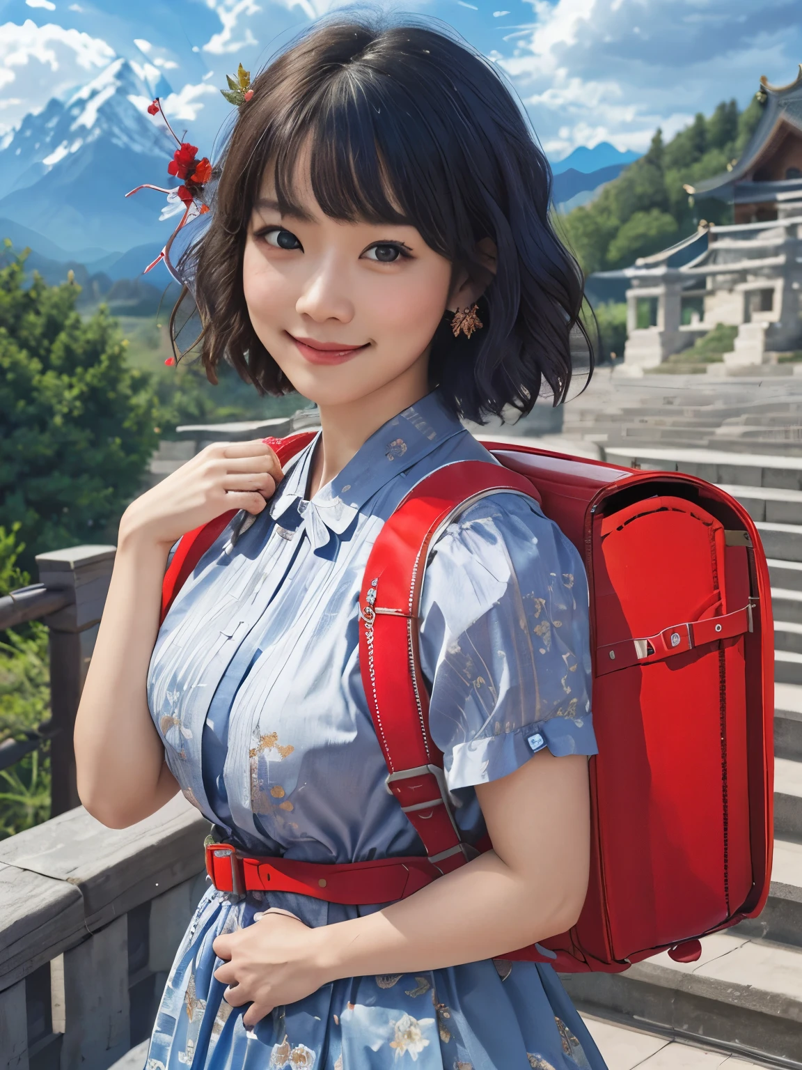 Masterpiece, realistic, hd, wearing traditional dress, hair ornaments, smile, blush, outdoors, day, mountain background, blue sky, short hair, sky, temple, looking at viewer, stairs, mountain, moody lighting, facing viewer, outdoor, standing, wearing red backpack, (backpack:1.2)