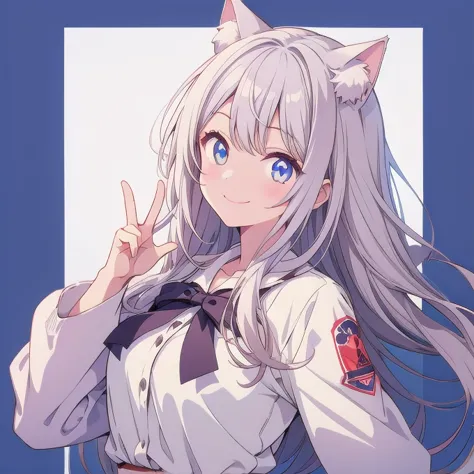 one girl、big peace sign、simple background、smile、cat ears、long hair、white