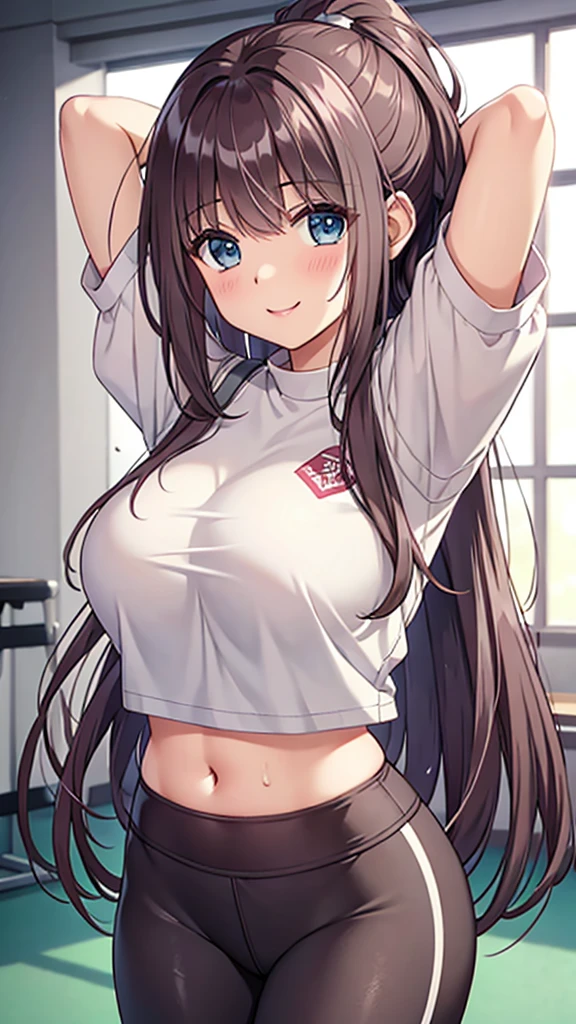 ((Inflated tardiness))、16K、masterpiece、High resolution、((18 year old high school girl))、Brown Hair、Very large breasts、(((White short-sleeved sporty shirt)、((Gray Sports Leggings))、((Place your arms behind your head))、A cheerful smile、smile、Angle from below、、Sweating profusely、Bra is visible、School gym