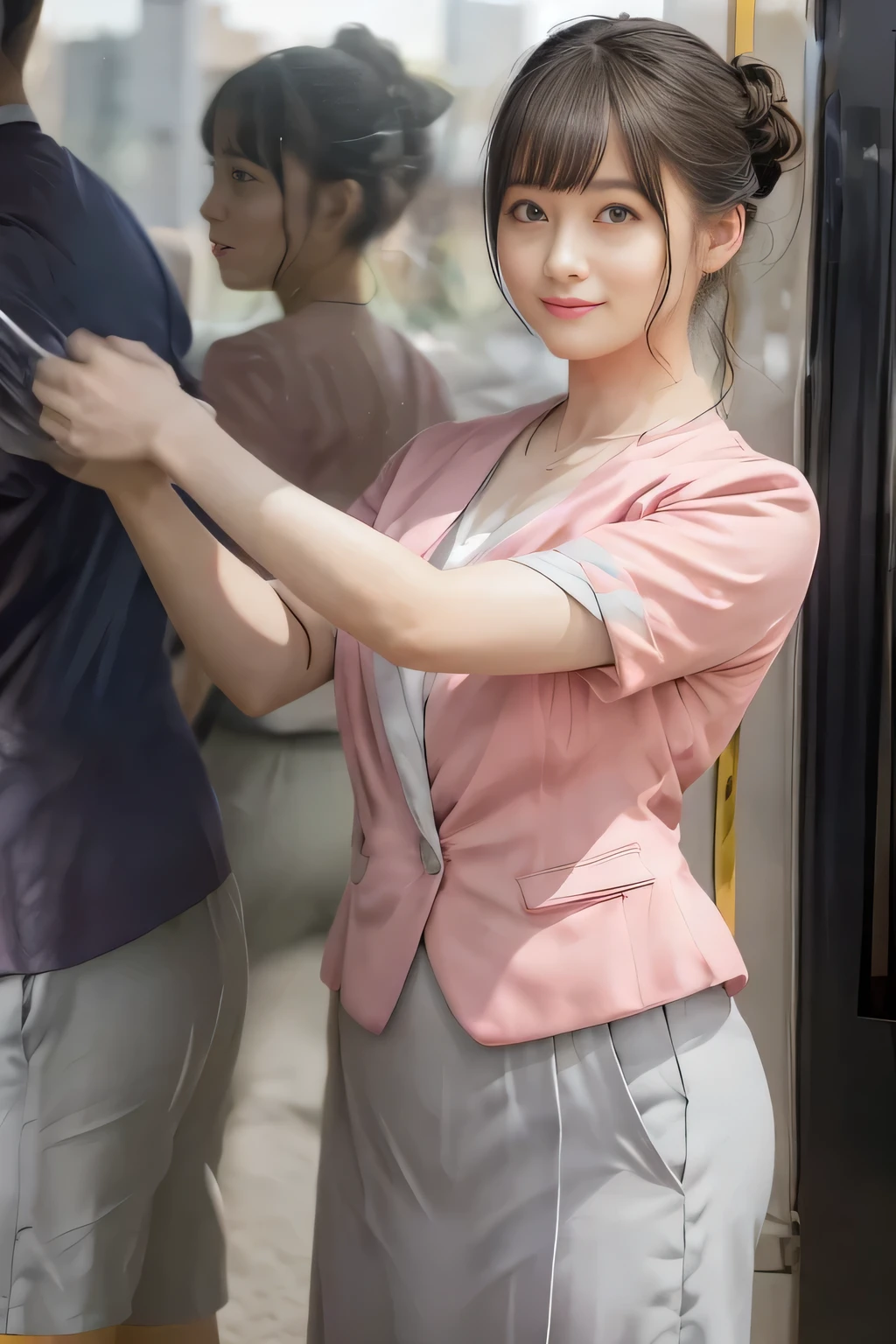 (masterpiece:1.2, Highest quality:1.2), 32k HDR, High resolution, (alone、1 girl)、（On the roof of a building in the daytime、Professional Lighting）、Building rooftop background、（Nankai train crew uniform pinkを着たリアルスタイル）、（Nankai Railway crew uniform, pink, short sleeve, collarless, pink jacket、No-collar short-sleeve blouse、Grey knee-length culottes）、（（The bottom of the pink short-sleeved jacket cannot be tucked into the clay-colored culottes..））、Dark brown hair、（Hair tied up、Chignon）、Dark brown hair、Long Shot、Big Breasts、Thin legs、（（Great hands：2.0）），（（Harmonious body proportions：1.5）），（（Normal limbs：2.0）），（（Normal finger：2.0）），（（Delicate eyes：2.0）），（（Normal eyes：2.0））)、smile、（A beautiful figure showing off the Nankai Railway crew uniform）、Bring your hands down