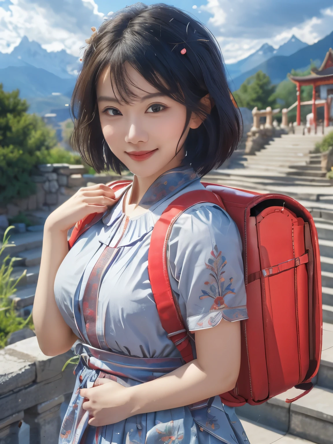 杰作, 实际的, 高清, 穿着传统服饰, 发饰, 微笑, 脸红, 户外的s, 天, 山 background, blue 天空, 短发, 天空, 寺庙, 看着观众, 楼梯, 山, 情调灯光, 面向观众, 户外的, 常设, wearing 背包, (背包:1.2)