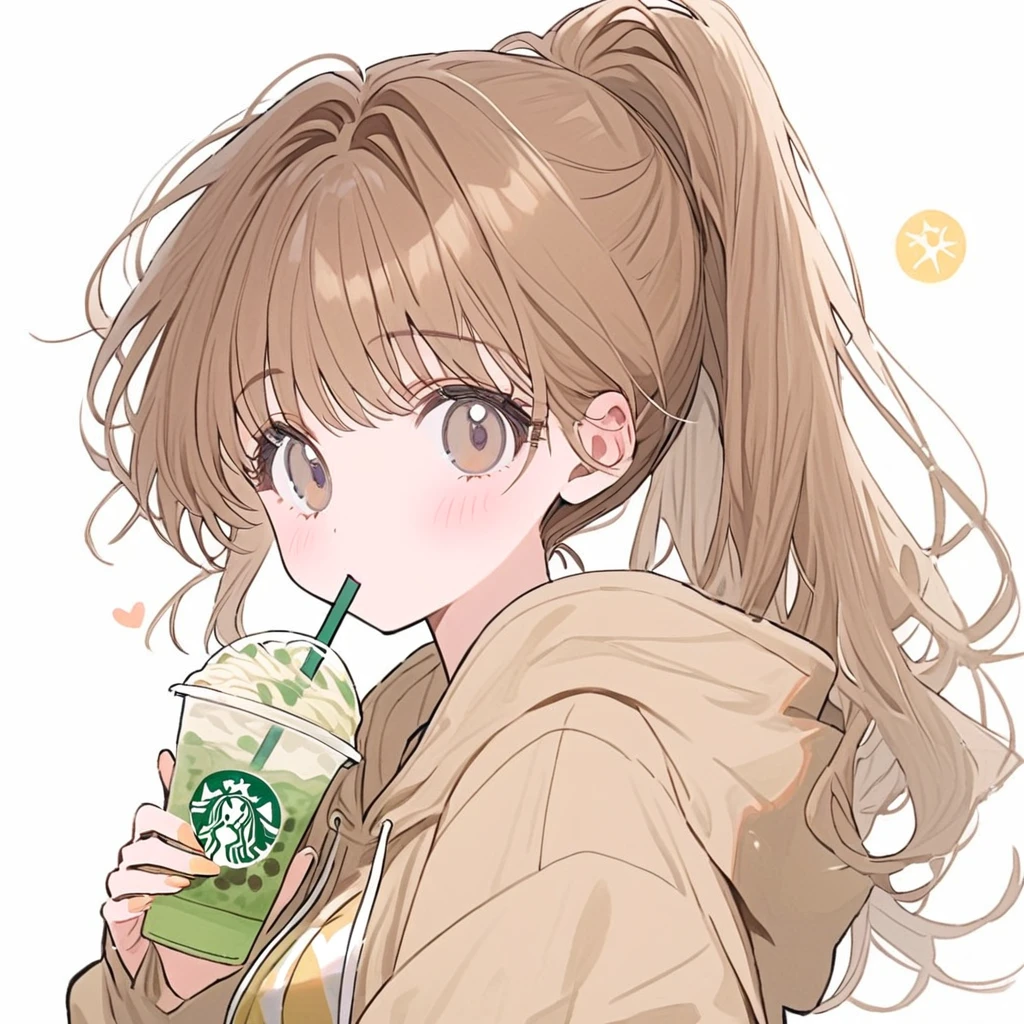 girl, brown hair, ponytail hair, brown and gray eyes, brown hoodie, pastel brown ((heart)) sun glasses, drink powdered green tea Frappuccino, white background