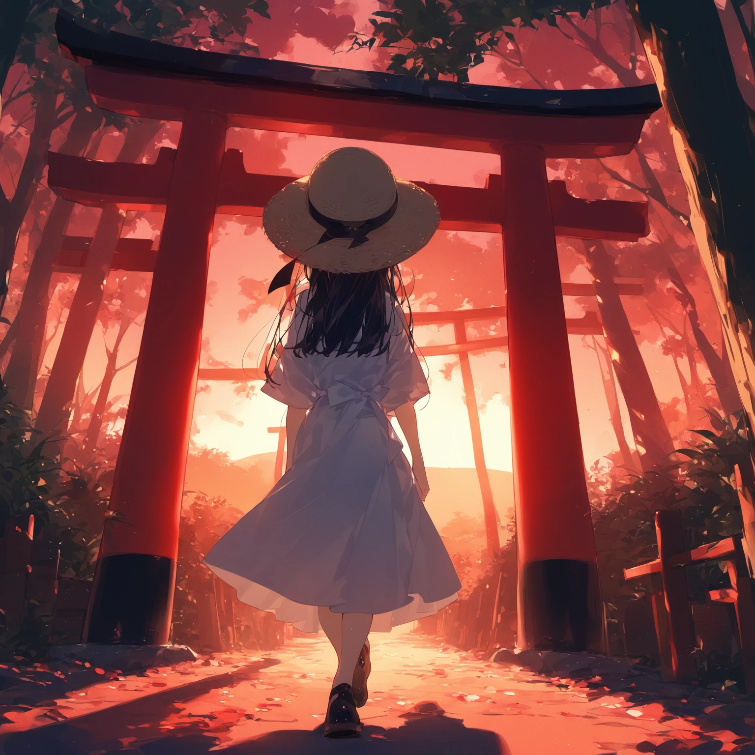  score_9, score_8_up, score_7_up, score_6_up, score_5_up, score_4_up, masterpiece, best quality, source_anime,2D、flat、1girl, black hair,long hair、hair is frizzy　straw hat、12yo、white dress、red sky、 japanese forest、turn around、Torii, summer、backlighting、shadow、upskirt、dusk、deep shadows:1.2