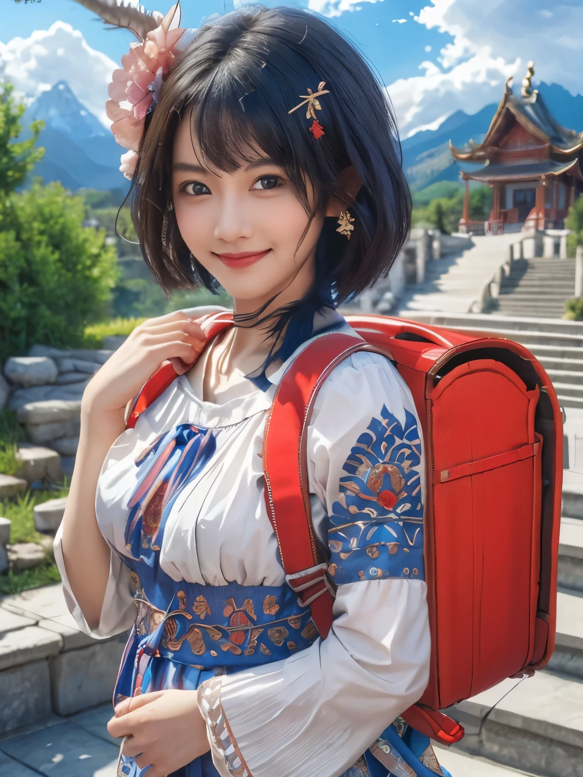 Masterpiece, realistic, hd, wearing traditional dress, hair ornaments, smile, blush, outdoors, day, mountain background, blue sky, short hair, sky, temple, looking at viewer, stairs, mountain, moody lighting, facing viewer, outdoor, standing, wearing backpack, (backpack:1.2)