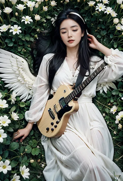 one wearing headphones，guitar in hand，beautiful girl，with eyes closed，behind is the angel wings，exquisite illustration style，col...