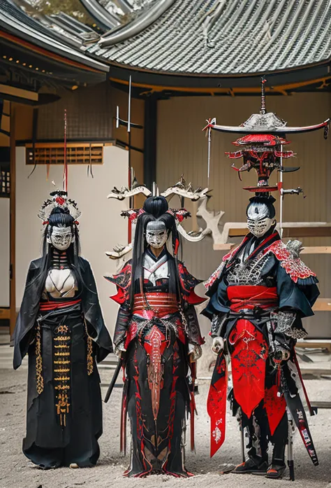 a group of people standing next to each other, yasuke 5 0 0 px models, hone onna skeleton geisha, ancient japanese samurai, fema...