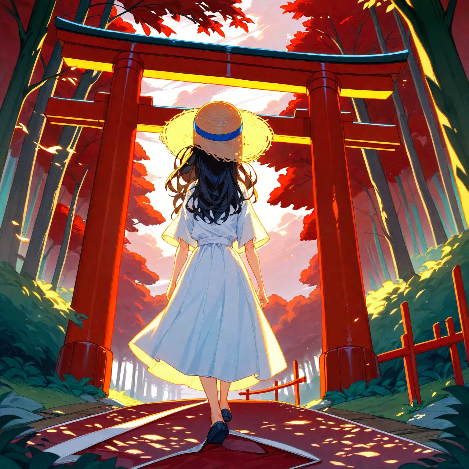 score_9, score_8_up, score_7_up, score_6_up, score_5_up, score_4_up, masterpiece, best quality, source_anime,2D、flat、1girl, black hair,long hair、hair is frizzy　straw hat、white dress、red sky、 japanese forest、turn around、Torii, summer、backlighting、shadow、upskirt、dusk、deep shadows:1.2