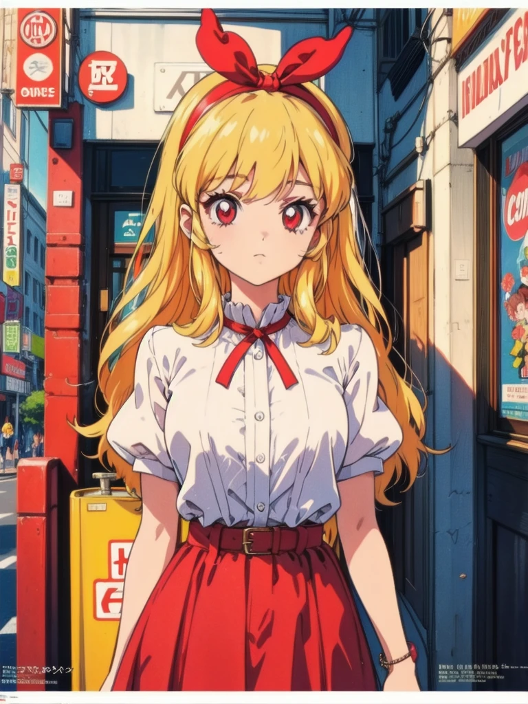 (RED Ribbon on HAIRband:1.2),(80's, retro, city pop poster:1.5), (album cover), (masterpiece, best quality), (anime, illustration), 
best photo pose, dynamic angle, cowboy shot,
girl, solo, 80 anime style, 19 year old Russian girl, blonde girl, shoulder height hair, Bangs, Smoking a cigarette, Wearing a white button-down shirt, short sleeves , and a red skirt, Warzone, Green eyes, large breasts, wide hips, perfect detail eyes, delicate face, RED eyes, blonde hair, hoshimiya ichigo