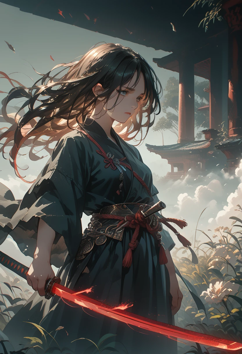 anime girl,with a katana in hand,bright colors,maximum details,long hair,fluttering in the wind,dark atmosphere,Feel the Power,Image of the Ancient Warrior,Beautiful Appearance,ultra detail,top quality,8k wallpaper