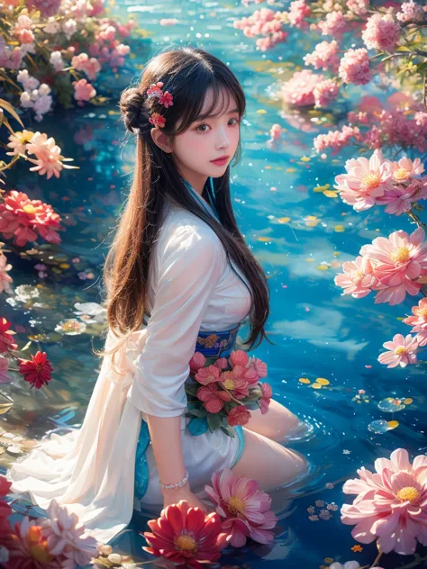 colorful colors,surrounded by water bubbles,oil paintings painted in anime style,chinese girls,hanfu,