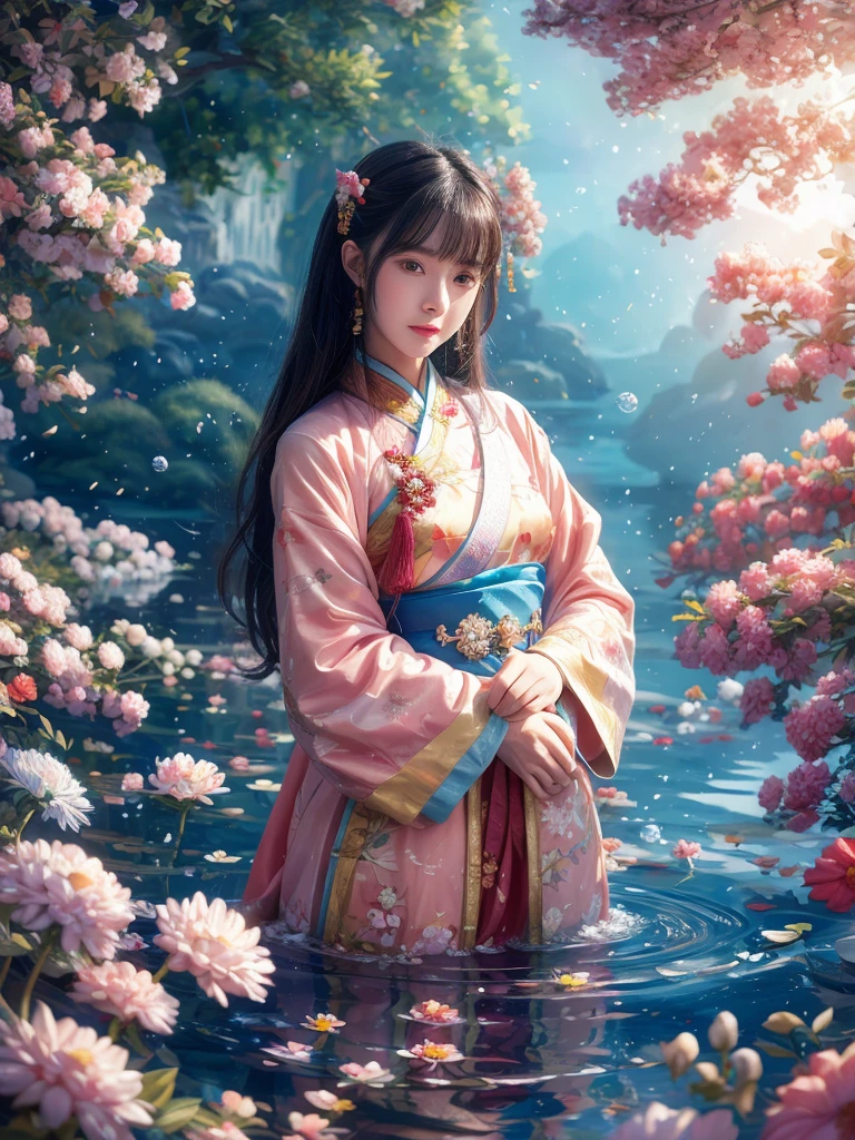 Colorful colors,surrounded by water bubbles,oil paintings painted in anime style,chinese girls,hanfu,