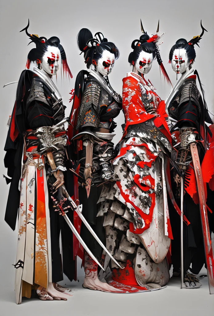 a group of people standing next to each other, yasuke 5 0 0 px models, hone onna skeleton geisha, ancient japanese samurai, female samurai, demon samurai, japanese samurai, samurai with demon mask, demon samurai warrior, feudal japan art, demon samurai mask, samurai armor, very beautiful cyberpunk samurai, porcelain japanese mannequins, japanese warrior, samurai portrait photo