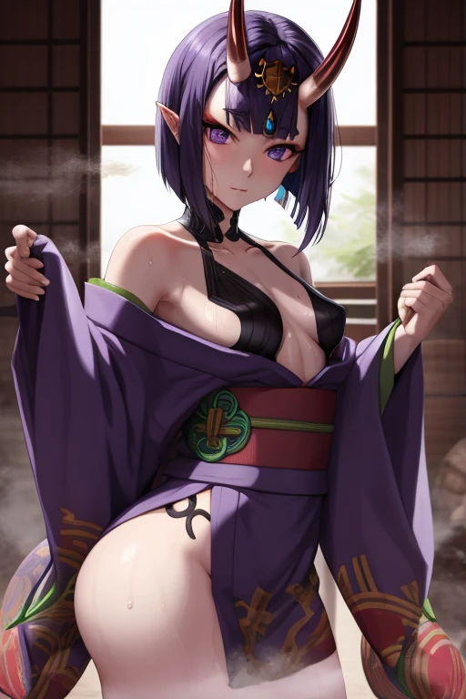 masterpiece,best quality,high resolution,8k,ultra HD,wallpaper,illustration,perfect face,cowboy shot,beautiful detailed eyes,extremely detailed face,perfect lighting,extremely detailed CG,perfect hands,perfect anatomy,perfect body,perfect hands,perfect fingers,1woman,full body,megami magazine,(muscle fighter:1.1),purple bob hair,purple eyes,(large breasts:1.3),(Medium ass:1.1),medium nipples,japanese oiran purple yukata,,clothed,,collarbone,,looking at viewer,sexy look  pose,Steam,Wet,sweat,home,forehead two demon horn ears,perfect demon horn