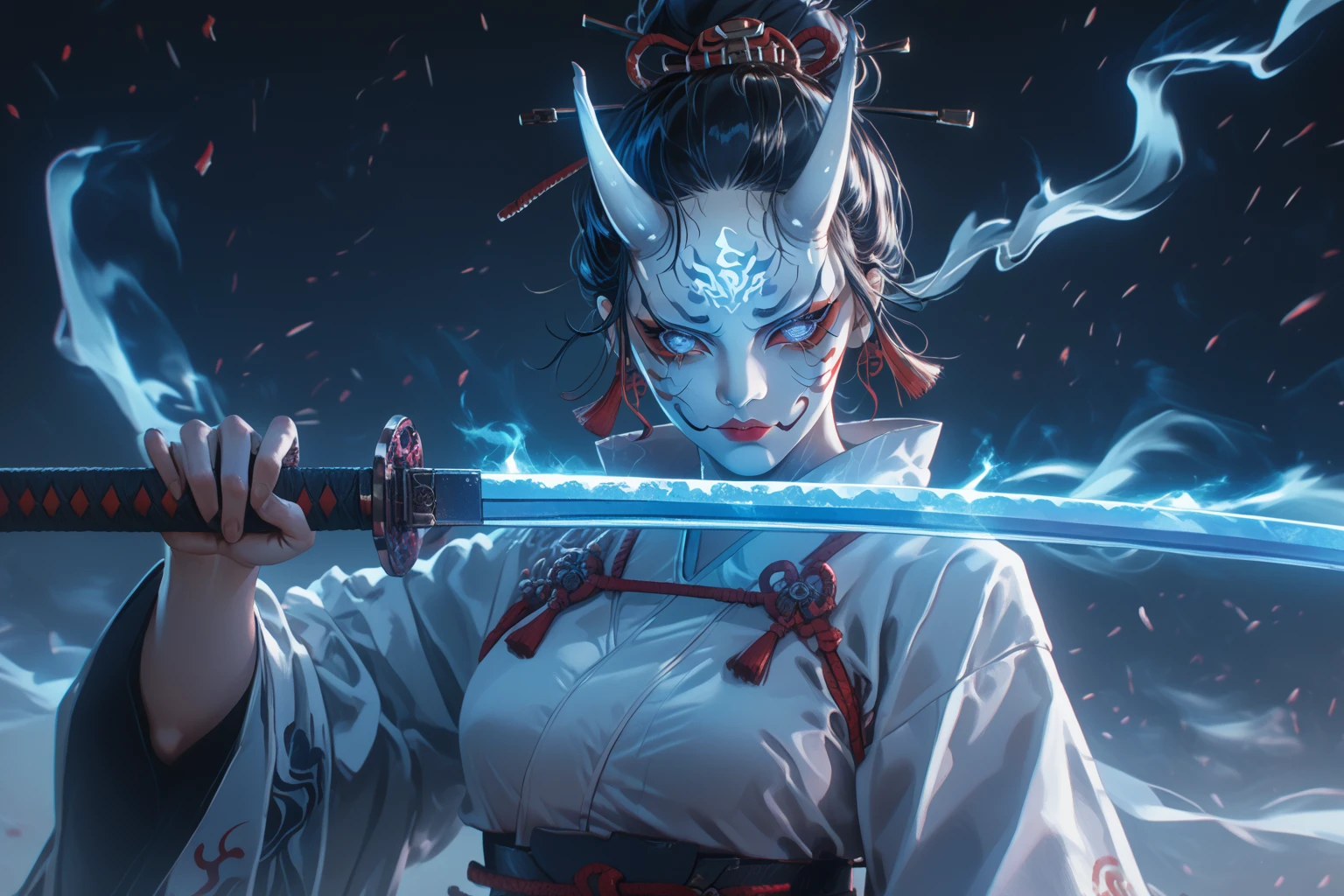 there is a woman in a white outfit, holding a sword, Onmyoji detailed art, Onmyoji, Ross Tran 8 K, Artgerm and Atey Gaylan, Onmyoji portrait, Rossdraws Global Illumination, Rossdraws Volumetric Lighting, very beautiful cyberpunk samurai, trending on artstation 4k, CGSociety and Fenghua Zhong