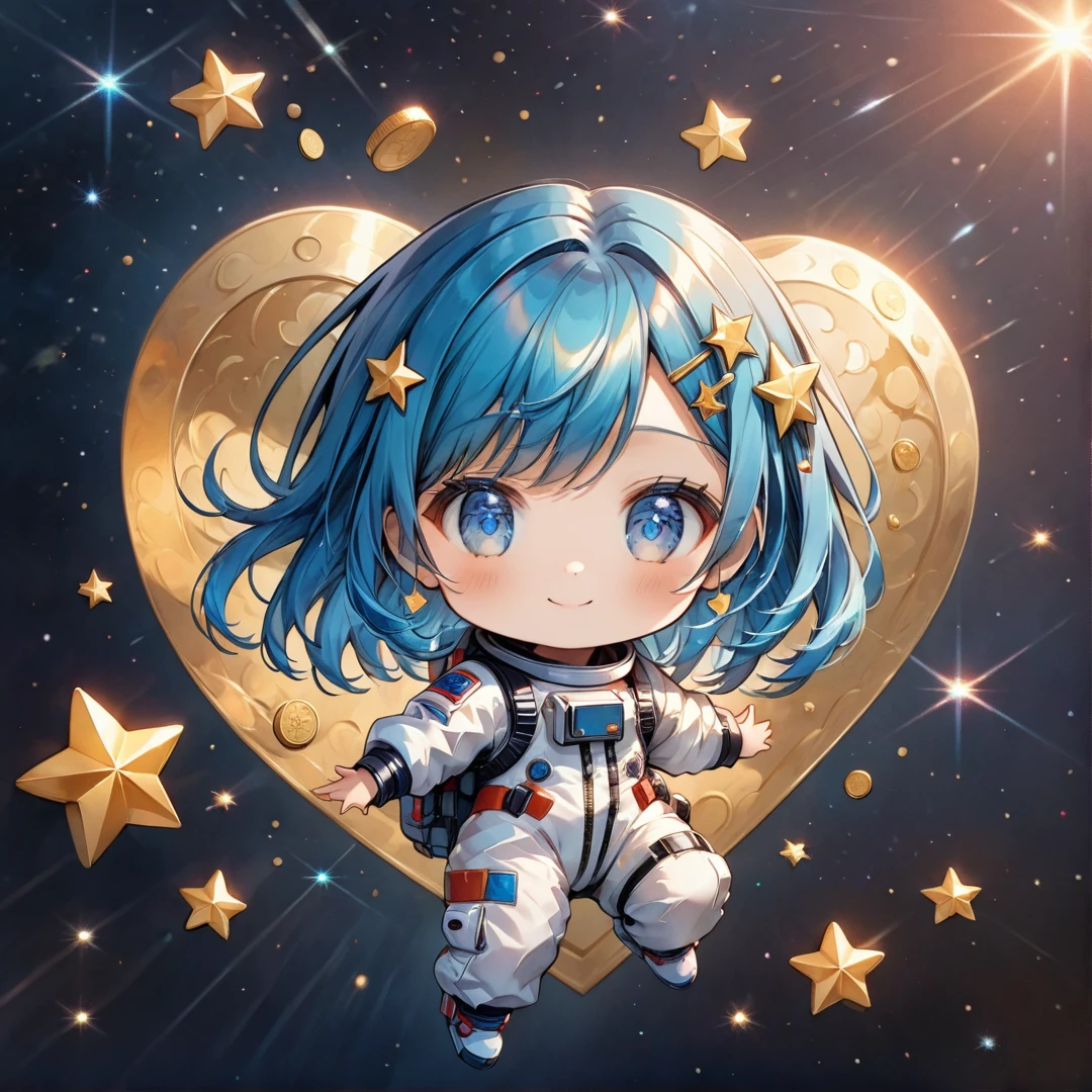 A Girl, Long Blue Hair, Blue Eyes, Star Hairpin, Colorfull Style, Simple Line Initialism,Abstract Art, The Most Beautiful Girl Of All Time, Chibi, Sweet Face. Colorful Hearts, Gold Coins, Funny Design, Happy Dance, Spacesuit, Cute Aliens, The Background Is Space