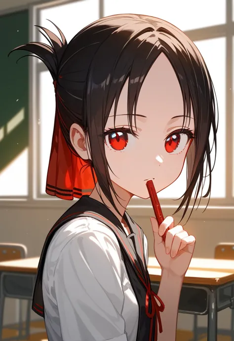 one girl、kaguya-shinomiya, kaguya shinomiya, folded ponytail, amount, hair ribbon, (red eyes:1.5), red ribbon, ribbon, short hai...