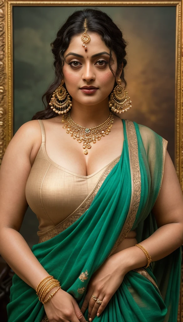 Looks like Sandeepa Dhar, a photo portrait of a beautiful girl 40 years old Woman, curvy hot mommy figure, fleshy figure, feminine curve, with curls, styled black hair, (face portrait:1.5), dramatic light, Rembrandt lighting scheme, bust shot, linen tank top , top quality editorial photograph, skin texture, skin pores, chocolate skin, high quality skin, top quality photography, professional photography, professional retouching, insane detailing, warm moody tones, modern clothes, highly detailed armpits, 