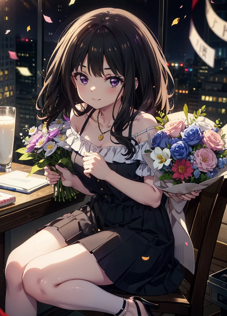 Takiuchikami, Long Hair, bangs, Black Hair, (Purple eyes:1.2),
smile,blush,Please open your mouth wide,Blue off-shoulder dress,Bare shoulders,bare clavicle,Bare neck,Heart Necklace,Short sleeve,Long skirt,Stiletto heels,holding a bouquet of flowers in both hands,There is a round birthday cake on the desk.,Confetti,cracker,whole bodyがイラストに入るように,
break indoors,  venue,
break looking at viewer, whole body,  
break (masterpiece:1.2), Highest quality, High resolution, unity 8k wallpaper, (shape:0.8), (Beautiful attention to detail:1.6), Highly detailed face, Perfect lighting, Extremely detailed CG, (Perfect hands, Perfect Anatomy),