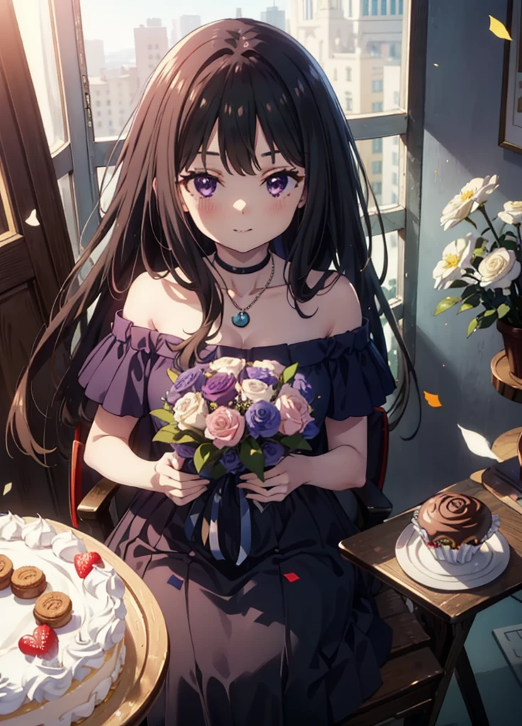 Takiuchikami, Long Hair, bangs, Black Hair, (Purple eyes:1.2),
smile,blush,Please open your mouth wide,Blue off-shoulder dress,Bare shoulders,bare clavicle,Bare neck,Heart Necklace,Short sleeve,Long skirt,Stiletto heels,holding a bouquet of flowers in both hands,There is a round birthday cake on the desk.,Confetti,cracker,whole bodyがイラストに入るように,
break indoors,  venue,
break looking at viewer, whole body,  
break (masterpiece:1.2), Highest quality, High resolution, unity 8k wallpaper, (shape:0.8), (Beautiful attention to detail:1.6), Highly detailed face, Perfect lighting, Extremely detailed CG, (Perfect hands, Perfect Anatomy),