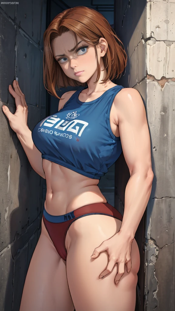 masterpiece, best quality, claire, claire redfield, resident evil 1girl, solo, brown hair, shorty hair, blue clothes, ((((wearing, sport top, boxer underwear)))), back view, warm lighting, (fractal art: 1.3), colorful, highest detailed, grabbing own ass, (((perfect face, annoyed, head tilt, looking to the side))), upper body, HDR, big ass, Detailed face, Detailed blue eyes, Detailed face, blue eyes, perfect eyes, perfect face, nude, on the night, warm ilumination, concrete wall background, back view