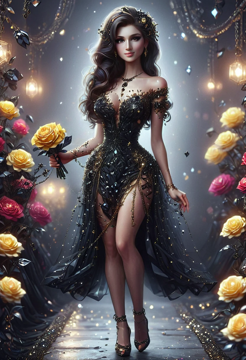 (masterpiece), (Best quality), Young woman, Best quality, Ultra detailed, 1 girl, One, standing,dark hair, long braided hair, Golden eyes, bang, medium breast,look, smile,looking at the viewer, (interview: 1.3), (dark background, chains: 1.3),Black Diamond,high detail,roses, bright colors,bright colors, dark atmosphere, posing,holding a bouquet