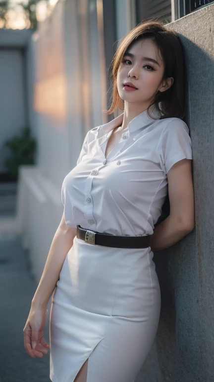 Pretty thai woman walking , (8k, best quality, masterpiece, ultra highres:1.2) Photo of Pretty thai woman beautiful, beautiful enchanting fashion contemporary painting with  , (1girl), (white shirt short sleeves), ((black pencil skirt)), belt, ((hand down)), blonde hair , short hair, , realistic skin texture, looks up, (nudity), round chin, 85 mm art lens, f 1. 2, sharp focus, 8 k high definition, insanely detailed, intricate, elegant, large breasts, black skirt