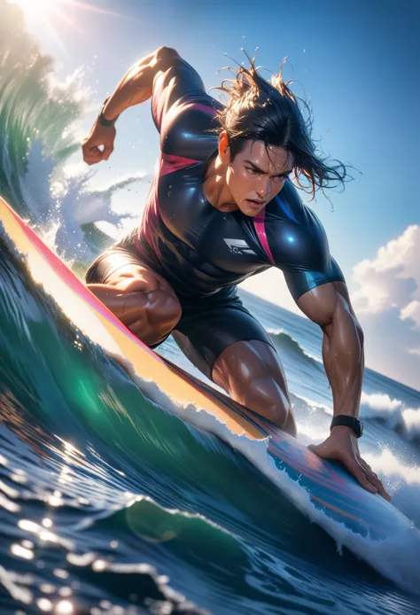 Masterpiece, Best Quality, Super Detailed, High Definition, HDR, Realistic, Depth, Fine Texture, Super Fine, Complete concentration, (very athletic surfer), beautiful man, muscular build, (tanned skin, wet hair), riding a surfboard, dynamic pose, big waves, splashing water, ocean background, bright sunlight, vibrant colors, detailed water reflections, energetic atmosphere, tropical setting, lens flare, cinematic light, volumetric lighting, detailed textures, ocean spray, movement and motion blur
