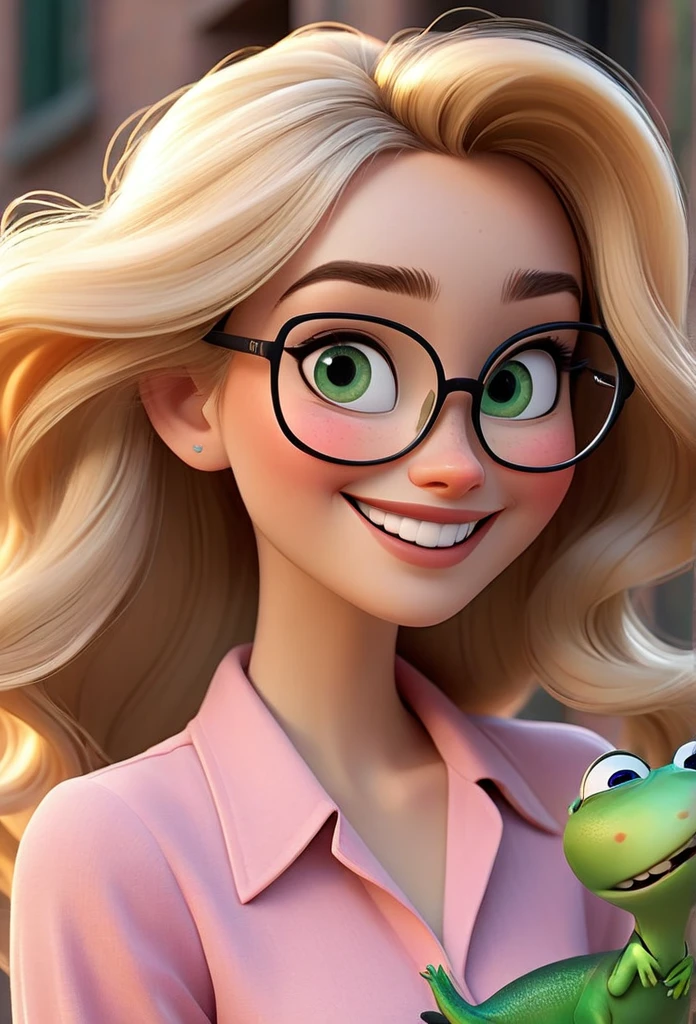 Create a Disney Pixar-style character of a stunning woman. blond, fine and long hair, white skin tone, eyes black, Square-shaped prescription glasses, thin lips, smiling, Wearing a pink blouse and green pants.