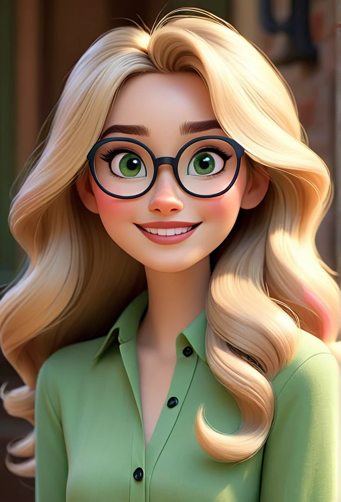 Create a Disney Pixar-style character of a stunning woman. blond, fine and long hair, white skin tone, eyes black, Square-shaped prescription glasses, thin lips, smiling, Wearing a pink blouse and green pants.