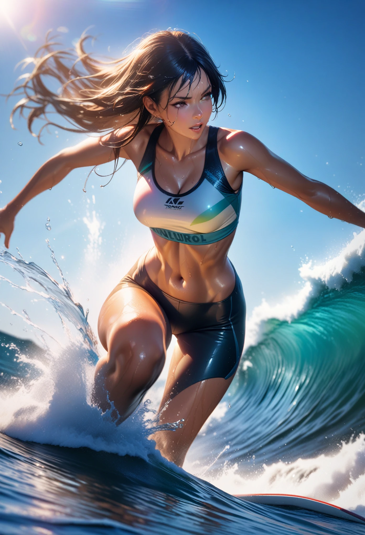 obra de arte, melhor qualidade, super detalhado, alta definição, HDR, realista, Profundidade, Textura fina, super bem, Concentração completa, (surfista muito atlética), Mulher bonita, esguio e em forma, (pele bronzeada, cabelo molhado), Andar de prancha de surf, pose dinâmica, ondas grandes, espirrando água, fundo do oceano, luz solar brilhante, cores vibrantes, reflexos detalhados da água, atmosfera energética, cenário tropical, reflexo de lente, luz cinematográfica, iluminação volumétrica, texturas detalhadas, spray oceânico, movimento e desfoque de movimento
