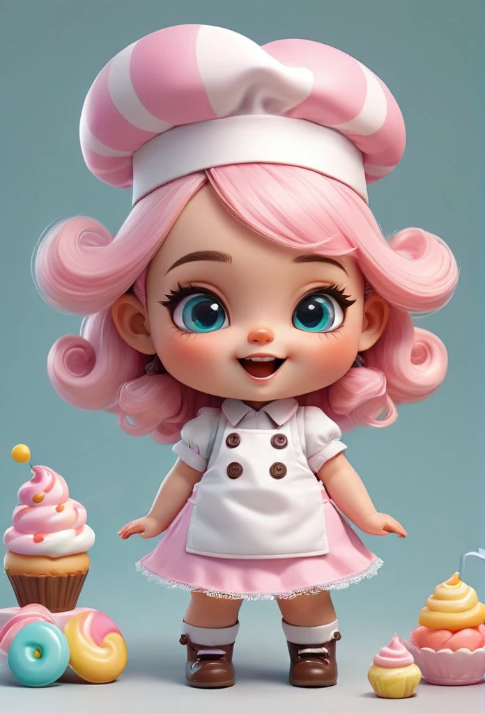 Create a series of cute baby chibi style dolls with a cute candyland chef theme, each with lots of detail and in 8K resolution. All dolls should follow the same candyland candy wallpaper pattern and be complete in the image, showing the (fully body, including the legs: 1.5)

Boneca candyland f: Call her Marina. She must have short pastel colored hair. Your eyes should be large and expressive, with long eyelashes and rosy cheeks. Delicate and white smile. Sophie must be dressed in a colorful outfit, pastel tones and sweet details. She should hold a candy in her hands. Certifique-se de adicionar detalhes nas badass clothing, like buttons and pockets, beautiful shoe Be sure to add shadows, textures and details in the hair, badass clothing, sweets and chocolate bars, to make them even more adorable and charming.