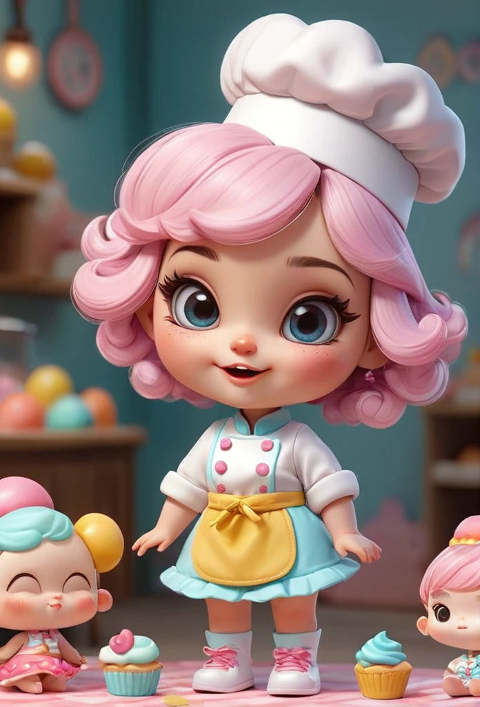 Create a series of cute baby chibi style dolls with a cute candyland chef theme, each with lots of detail and in 8K resolution. All dolls should follow the same candyland candy wallpaper pattern and be complete in the image, showing the (fully body, including the legs: 1.5)

Boneca candyland f: Call her Marina. She must have short pastel colored hair. Your eyes should be large and expressive, with long eyelashes and rosy cheeks. Delicate and white smile. Sophie must be dressed in a colorful outfit, pastel tones and sweet details. She should hold a candy in her hands. Certifique-se de adicionar detalhes nas badass clothing, like buttons and pockets, beautiful shoe Be sure to add shadows, textures and details in the hair, badass clothing, sweets and chocolate bars, to make them even more adorable and charming.