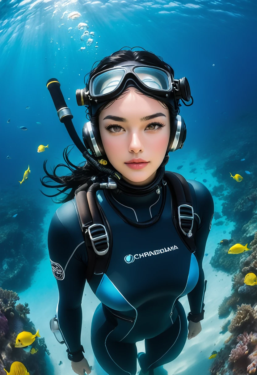 ((full body shot))During the diving course，There is a Christina Chong beautiful face, narrowed eyes. smirk. black braided hair wearing a diving suit and goggles,Wear a diving helmet, Instagram, A diver on the seabed, A diver on the seabed, old scuba, GoPro shooting, Abandoned diving mask, Underwater perspective, 3 6 0 capture, amanda clarke, Underwater shooting,
