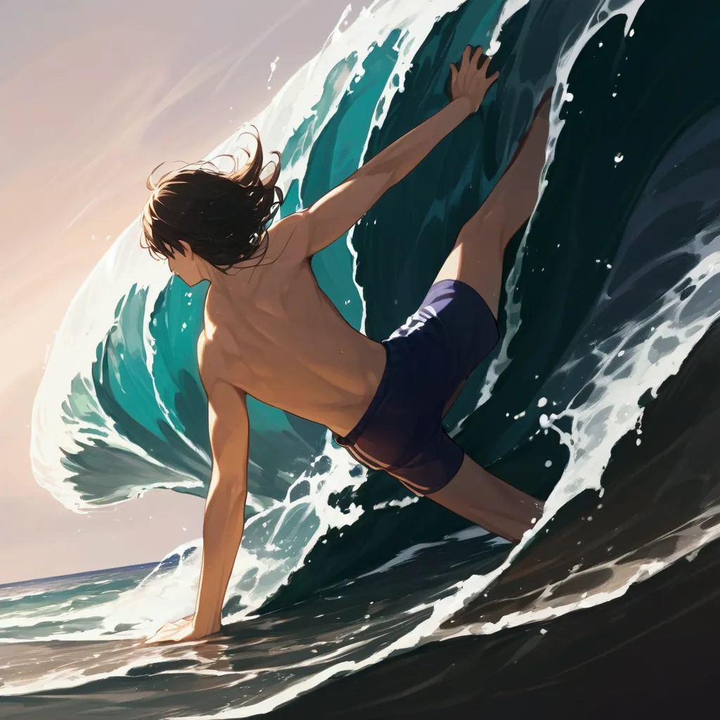 score_9, score_8_up, score_7_up, source_anime, 1boy, sea, wave, surfing, swimwear, perfect hands, shining splash, masterpiece, b...