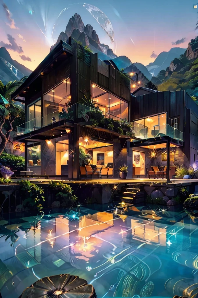 small and beautiful modern house in top of big boulders, terraces, pool, stairs, multiple cacti gardens, palms, trees, rocks, beautiful landscape design, mountains and volcano y background, amazing clouds, sun, moon, planets, milky way galaxy, concrete, wood, glass and steel materials, olive green, violet, orange and withe colors in facade