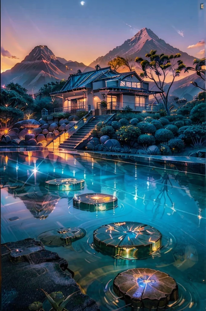 small and beautiful modern house in top of big boulders, terraces, pool, stairs, multiple cacti gardens, palms, trees, rocks, beautiful landscape design, mountains and volcano y background, amazing clouds, sun, moon, planets, milky way galaxy, concrete, wood, glass and steel materials, olive green, violet, orange and withe colors in facade