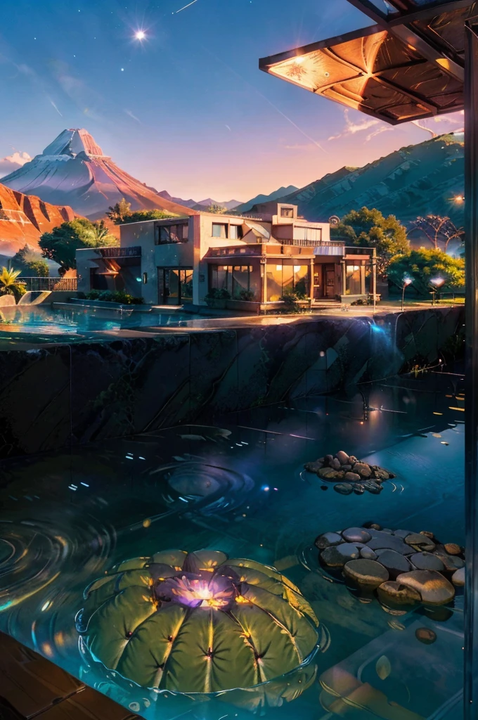 small and beautiful modern house in top of big boulders, terraces, pool, stairs, multiple cacti gardens, palms, trees, rocks, beautiful landscape design, mountains and volcano y background, amazing clouds, sun, moon, planets, milky way galaxy, concrete, wood, glass and steel materials, olive green, violet, orange and withe colors in facade