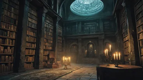 hidden from the prying eyes of the world, lies a dark, ancient library. The room is small and confined, with low, vaulted ceilin...