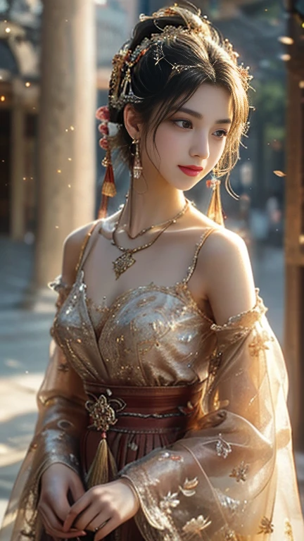 realism: 1.3, masterpiece, best quality, high resolution, detail: 1.2, 1 girl, Hairpin, Pretty Face, Exquisite eyes, Tassel Earrings, necklace, elegant standing posture, aesthetics, light, Ray Tracing, Depth of Field, Layering, Flutter,Ancient building background