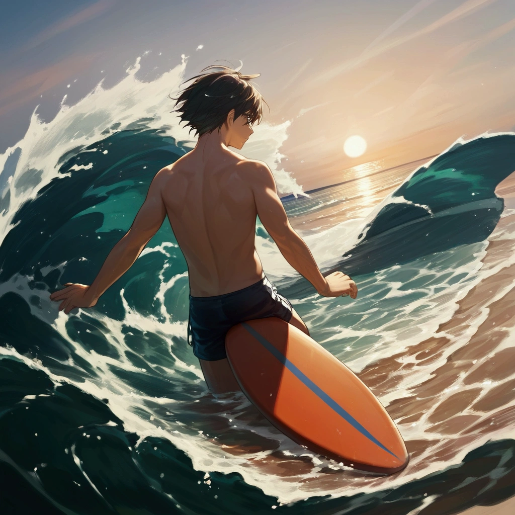 score_9, score_8_up, score_7_up, source_anime, 1boy, swimwear, surfboard, Surfing, perfect hands, sun, blue sky, sea, wave, Shining Splash, masterpiece, best quality, detailed, 