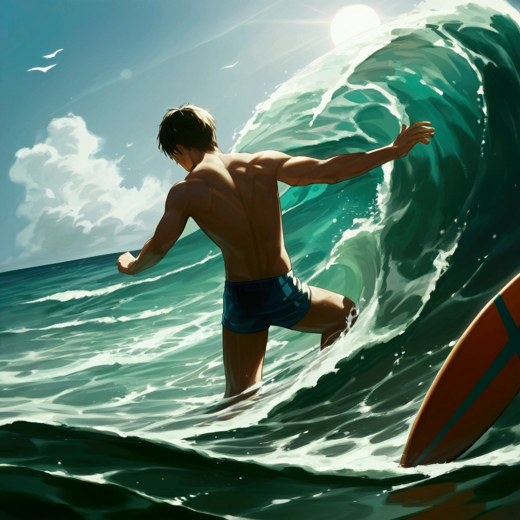 score_9, score_8_up, score_7_up, source_anime, 1boy, swimwear, surfboard, Surfing, perfect hands, sun, blue sky, sea, wave, Shining Splash, masterpiece, best quality, detailed, 